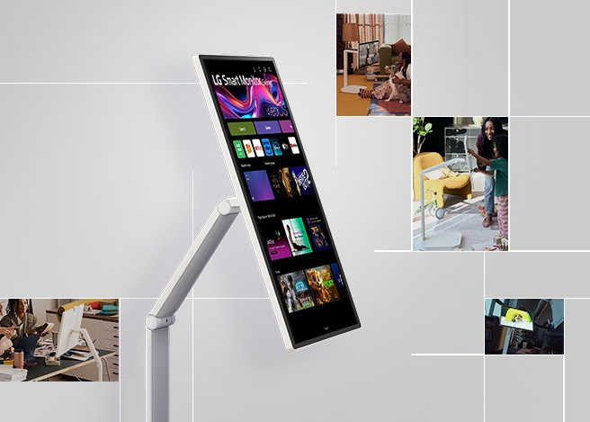 그라데이션 배경 위에 스윙 사용 컷들이 4장 배치되어있고, 가운데 스마트모니터 스윙 제품이 배치됨.